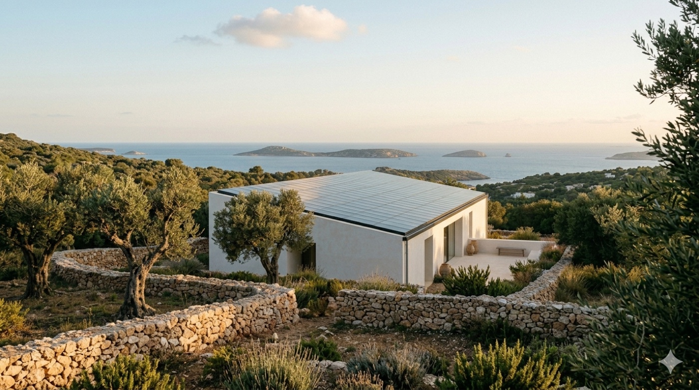 Architecture A — solar-as-catchment, Ibiza