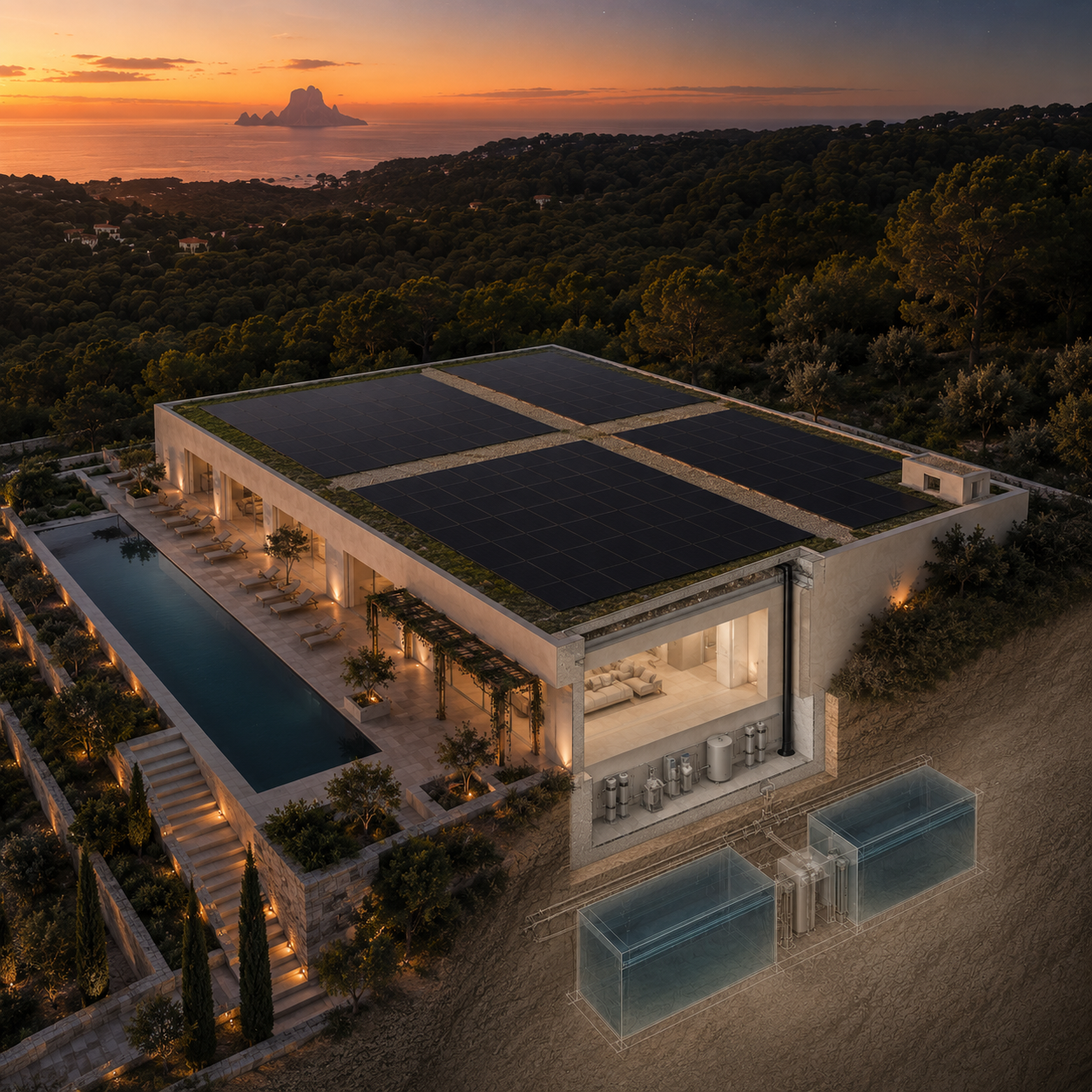 Las Lluvias villa — aerial reference, full-roof catchment with glass cistern infrastructure