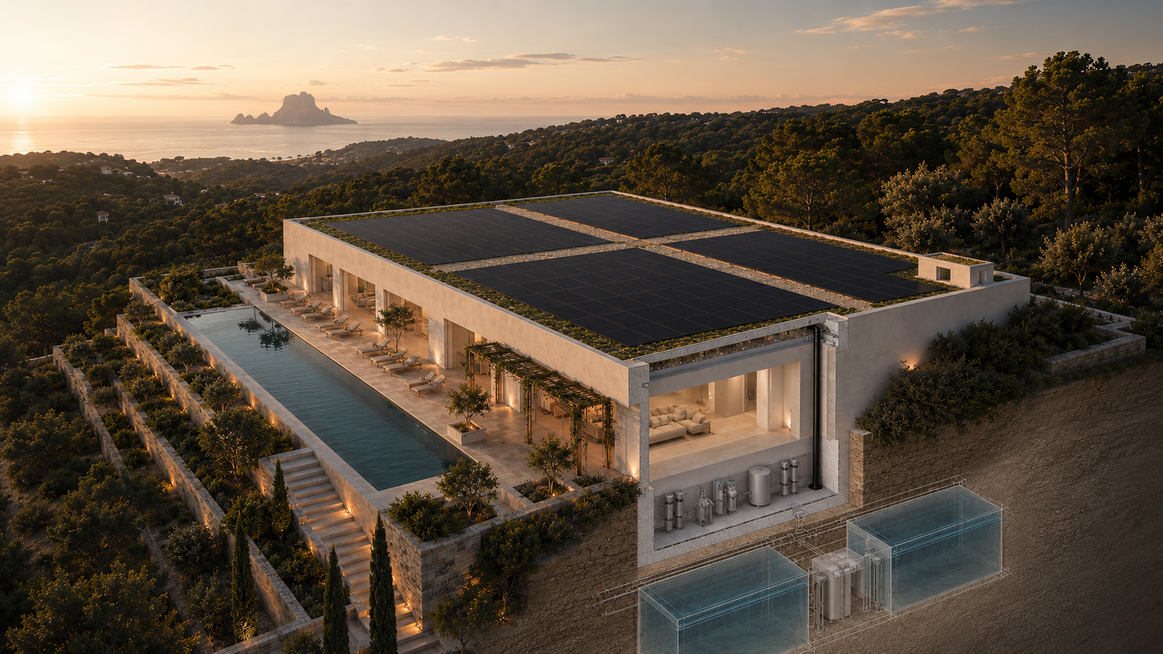 Las Lluvias villa — Pawson reference, solar-as-catchment elevation, Ibiza