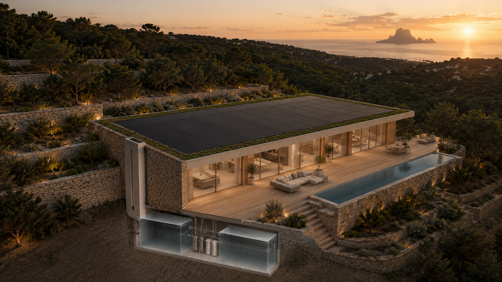 Las Lluvias villa — the roof as dual infrastructure, photovoltaic catchment plane over Mediterranean estate